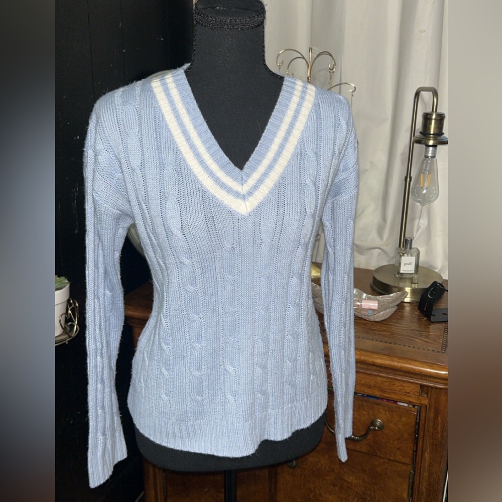 Cute work Light Blue V-Neck Cable Knit Sweater with Ivory Stripe